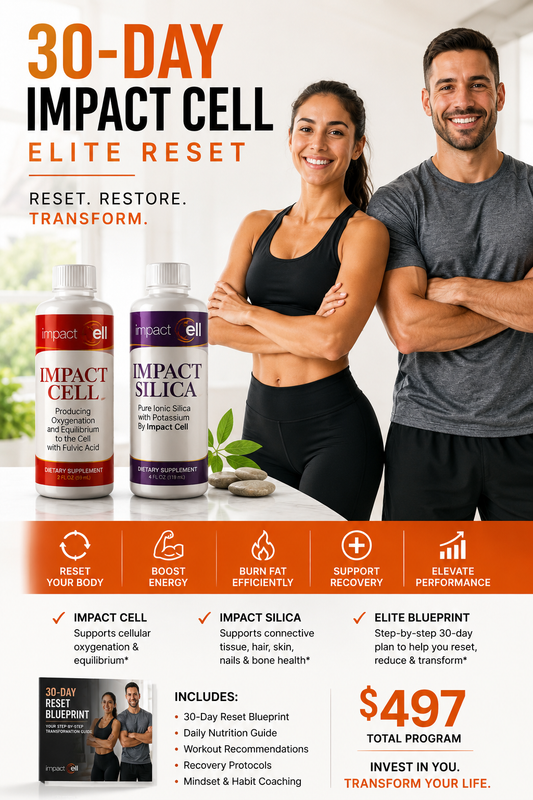 Promotional graphic for a 30-day impact cell elite reset program, featuring a smiling couple in athletic wear and three supplement bottles labeled Impact Cell, Impact Silica, and Elite Blueprint. The design uses orange, white, and black color blocks with text detailing program benefits and included materials.
