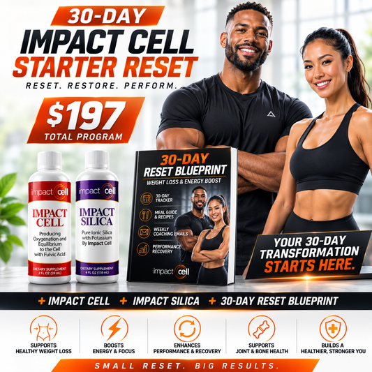 Promotional graphic for the '30-Day Impact Cell Starter Reset' program by Impact Cell, featuring a smiling man and woman in athletic wear alongside product bottles and a digital blueprint box. The design uses a bright white and orange color scheme with bold text and fitness-themed icons at the bottom.